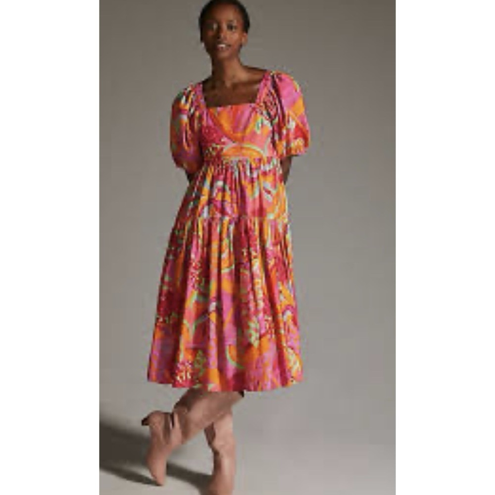 NEW Farm Rio Fruit Brush Puff Sleeve Tiered Midi Dress Tropical Size M